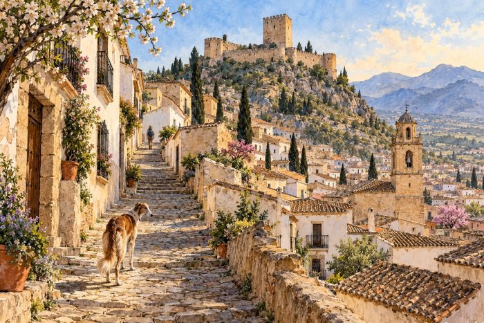 Calle empinada de Castalla con un perro y el castillo al fondo