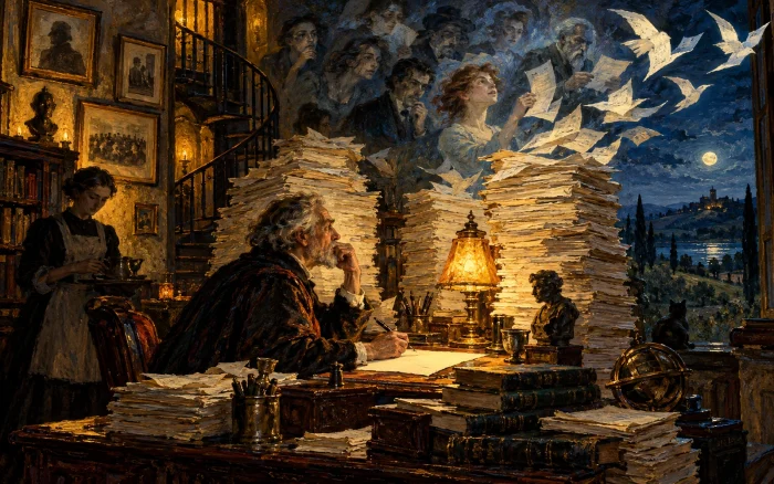 Un escritor anciano medita ante una página en blanco entre dos torres de manuscritos iluminadas por una lámpara.