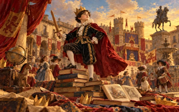 Un niño vestido como un rey del Siglo de Oro posa sobre una torre de libros en una plaza convertida en corte.