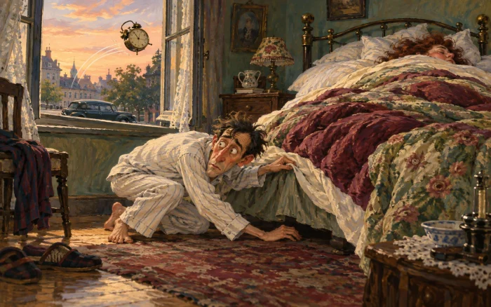 Un marido en pijama busca bajo la cama mientras un despertador sale volando por la ventana al amanecer.