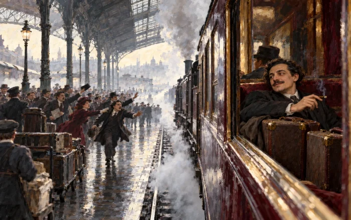Un escritor contempla aliviado desde un tren cómo sus admiradores corren por el andén entre el vapor de la estación.
