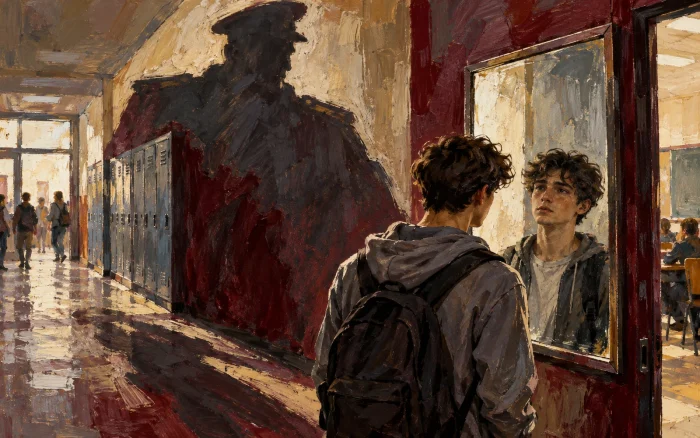 Un estudiante observa su reflejo mientras una gran sombra militar se proyecta en el pasillo del instituto.