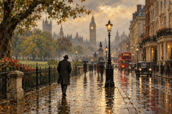 Londres bajo la lluvia, con un caballero y un autobús rojo