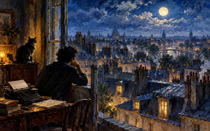 Un escritor y su gato contemplan desde una buhardilla los tejados de una ciudad iluminada por la luna.