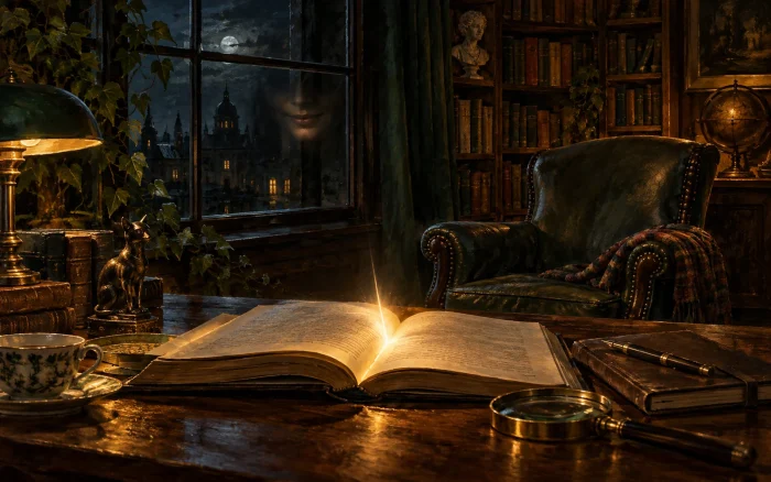 Un libro abierto emite una luz misteriosa ante un sillón vacío en una biblioteca nocturna.